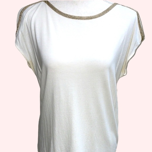 Ann Taylor Ivory w Gold Metallic Trim Top Boatneck Short Cap Sleeve Size LP - Picture 11 of 12